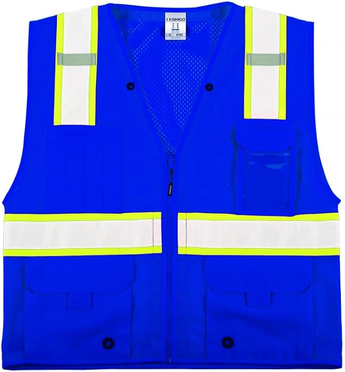 Kishigo Black Enhanced Visibility Men's Vest B100, Multi Pocket Mesh Hi-Vis Vest, Ultra-Cool Polyester, 6 Pockets, Zipper