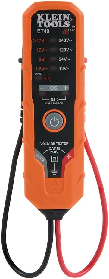 Klein Tools ET40 Digital AC/DC Voltage Tester, 12-240V AC, 1.5-24V DC, LED Illumination, DC Polarity, Auto Off, CAT III 250V-Class 2- Double Insulation, IP41 Dust and Water Resistant