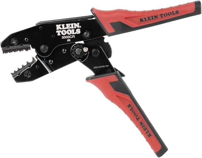 Klein Tools 3006CR Crimping Tool for Non-Insulated Terminals, Ratcheting Crimper, 10 to 22 AWG Stranded Copper Wire, Full-Cycle, 5-Cavity