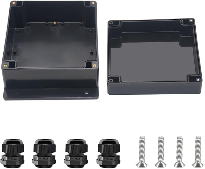 Project Box ABS Black Electrical Boxes IP67 Outdoor Waterproof Junction Box Electronic with Mounting Ears Includes Cable Glands for DIY Project 6.3 x 6.3 x 3.5 inch (160x160x90mm)