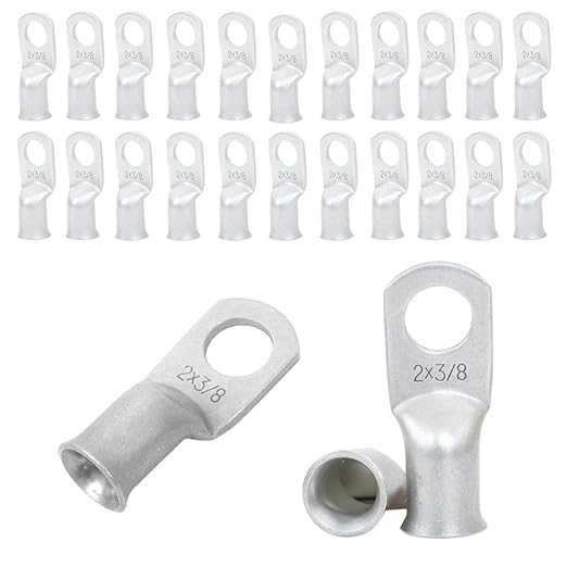 2 AWG 3/8" Stud (25 pcs.), Heavy Duty Tinned Battery Ring Terminal 2 Gauge Wire Connectors 2 AWG Copper Wire Lugs