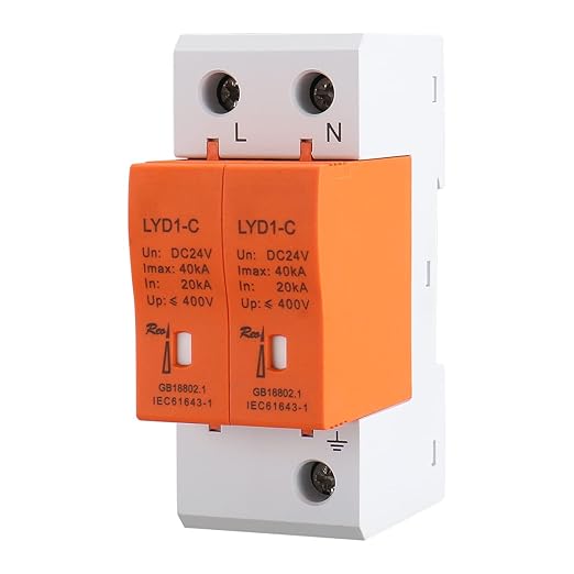 Baomain 2P (1P+N) Surge Protective,24V DC 40kA,BMD1-C40 Single-Phase SPD with Neutral Protection,for Solar Charge Controllers and Low-Voltage DC Systems,DIN Rail Mounting,Flame Retardant Housing
