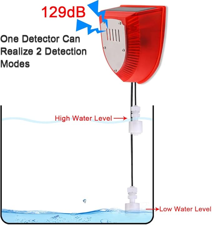 Solar Water Level Sensor, High/Low Water Level Alarm with Dual Probe, 129 dB Red Strobe Siren with Adjustable Volume, Bobber Water Detector, 16.4ft Detect Cord, IP55 Waterproof for Indoor /Outdoor