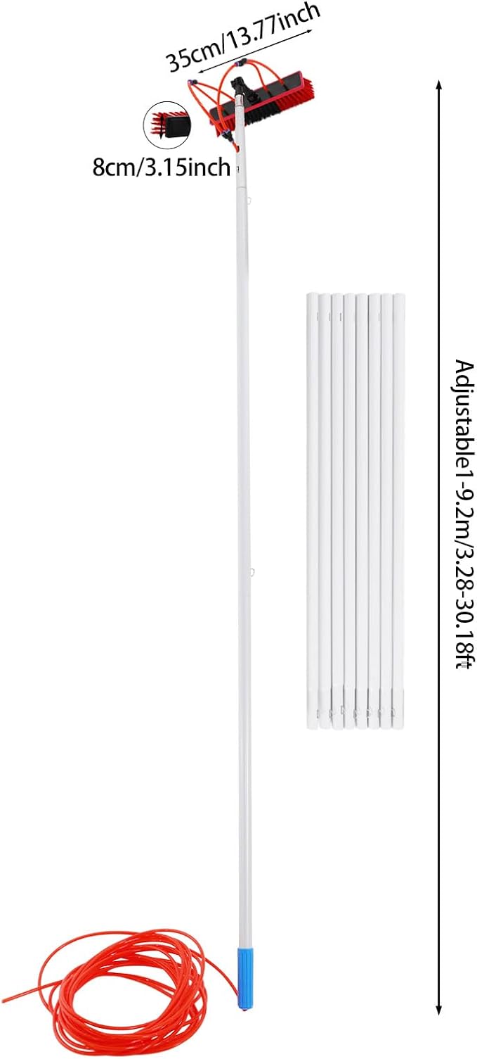 30FT Reach Solar Panel Cleaning Brush Kit, Adjustable Pole Window Cleaning Brush with 180° Rotating Head, 65.6FT Hose Window Washer Tool for Roof, RV, Truck, Car (30ft 13.78x3.15in)