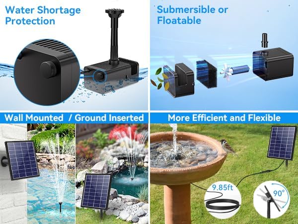 POPOSOAP 8W Solar Fountain Pump with Built-in 3600mAh Battery, Solar Powered Bird Bath Fountain with Dry-run Protection & Double-layer Nozzles 5Ft Tubing for Pond, Bird Bath, Backyard Water Feature