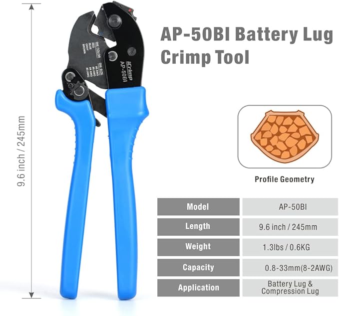 iCrimp AP-50BI Battery Cable Ring Terminal Crimper for 8, 6, 4, 2AWG Copper Cable Lugs, Heavy Duty Wire Lugs and Battery Cable Ends