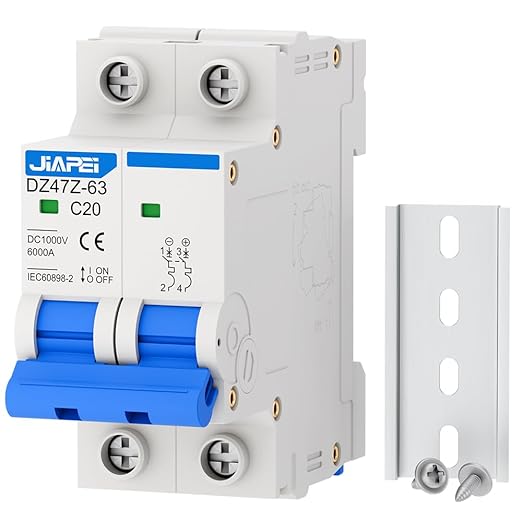 DC Miniature Circuit Breaker, 1000V 2 Pole 20 Amp Isolator for Solar PV System, Thermal Magnetic Trip DIN Rail Mount, C20 DC Disconnect Switch