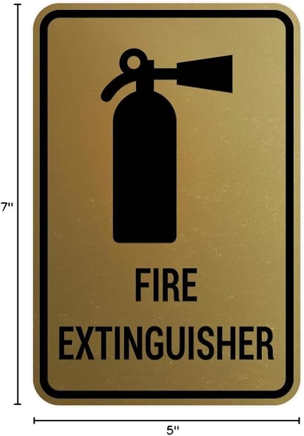 Signs ByLITA Portrait Round Fire Extinguisher Sign with Adhesive Tape, Mounts On Any Flat Surface (Brushed Gold) - Medium (5 Pack)