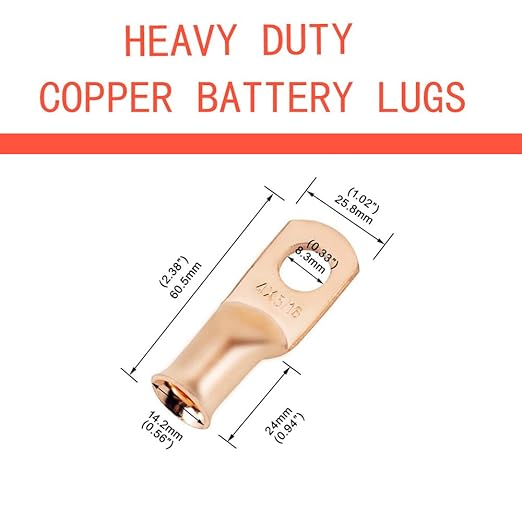 25pcs 4 AWG 5/16" Stud Copper Ring Terminals Battery Cable Ends Wire Lugs 4 Gauge Battery Cable Lugs Heavy Duty Cable Lugs Bare Copper Eyelets Tubular Ring Terminal Connectors