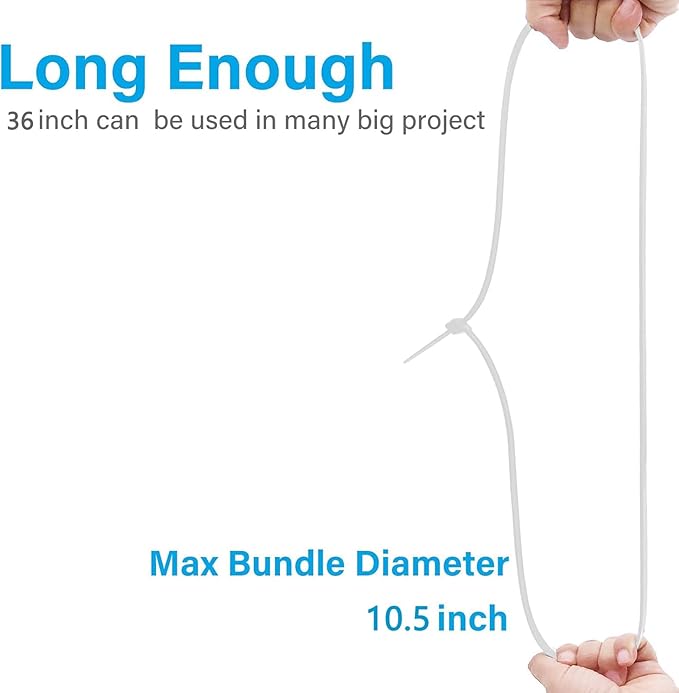 36 inch white heavy duty cable ties, UV-resistant, extra long nylon zip ties, 15 pieces, 200 lb tensile strength