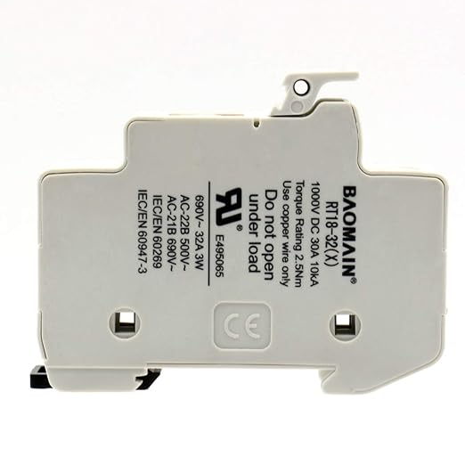 Baomain Solar PV DIN Rail Fuse Holder 1 Pole 30A 1000VDC/32A 690VAC, RT18-32 10x38mm, 18-8 AWG with LED Indicator, 35mm Mount, UR & CE Certified for Solar PV Systems