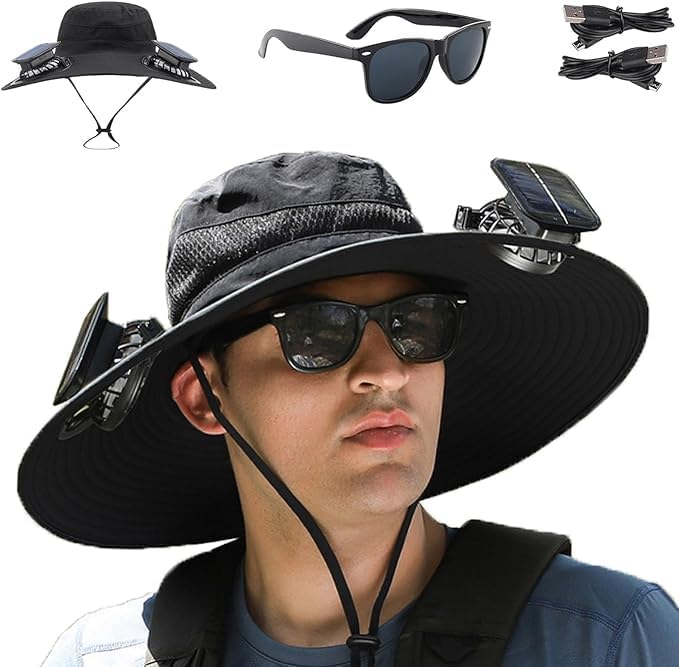 Fishing Hats with Sunglasses, Wide Brim Sun Hat with 2 Solar Fan, USB & Solar Powered Fishing Hats, Solar Fan Hats UPF 50+