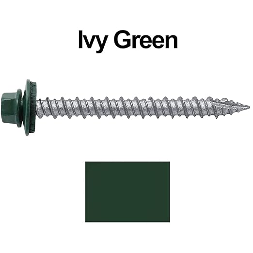 Metal ROOFING SCREWS: (250) 10 x 2" Forest/Ivy Green Hex Head Sheet Metal Roof Screw. Self starting metal to wood siding screws. EPDM washer. Colored head