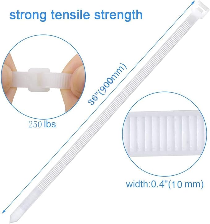 Extra long zip ties 36 inch white Large cable ties heavy duty outdoor use 250 lbs thick Nylon plastic Zipties 20pcs