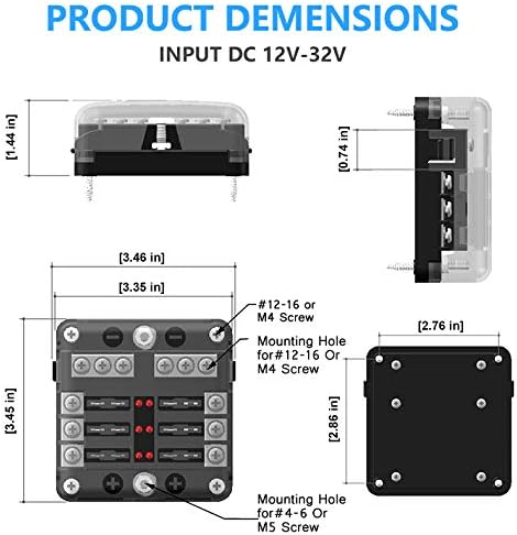 12V Fuse Box 6 Way 12 Volt Fuse Block ATO/ATC with LED Indicator Light Waterproof 24V for Marine Automotive Boat Car Truck
