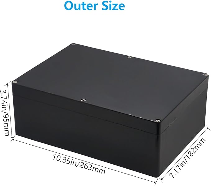 Project Box ABS Black Electrical Boxes IP67 Outdoor Waterproof box Electronic Junction Box Power Enclosure with Cable Glands for DIY Project 10.4 x 7.2 x 3.7 inch (263x182x95mm)