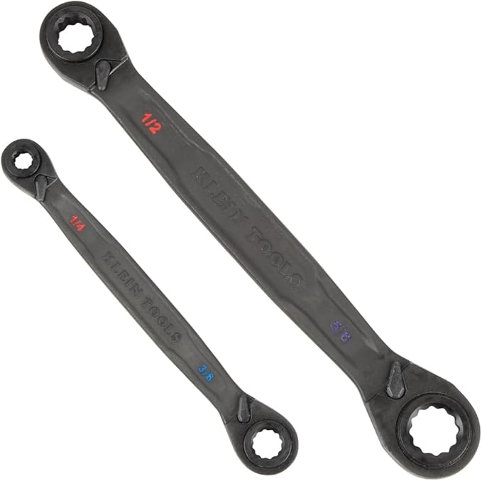 Klein Tools 68216 4-in-1 Reversible Ratcheting Box Wrench Set, Quad Wrench, SAE, 2-Piece, 1/4 to 3/4-Inch, Forged Steel, 90-Tooth
