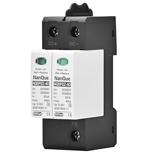 DC SPD Surge Protector for 100V-1000V PV Systems, 2-Pole 40kA T2 Level, Replaceable Module, Solar Panel Lightning Protection, Overvoltage Protection (500V)