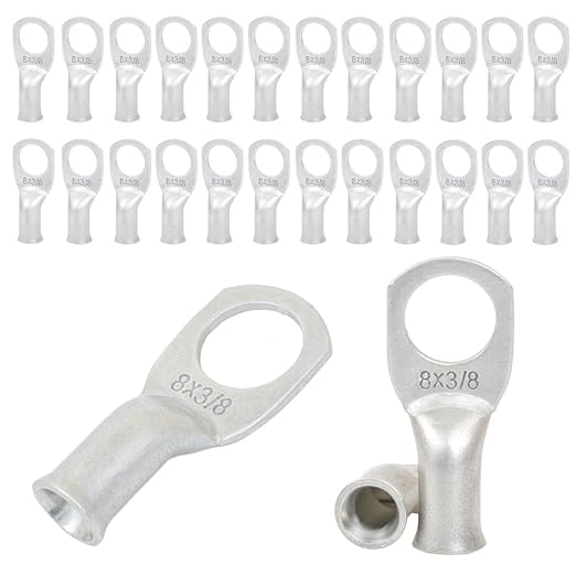 8 AWG 3/8" Stud (25 pcs.), Heavy Duty Tinned Battery Cable Lugs 8 Gauge Copper Ring Terminals Wire Lugs Bare Copper Eyelets Wire Connectors