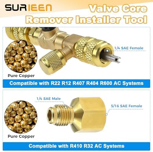 Valve Core Remover Installer Tool and HVAC Service Wrench Set With Hex Bit Adapters, Dual Size SAE 1/4 & 5/16 Port, 3/8" to 1/4", 5/16" Refrigeration Service Wrench, 10pcs Valve Core