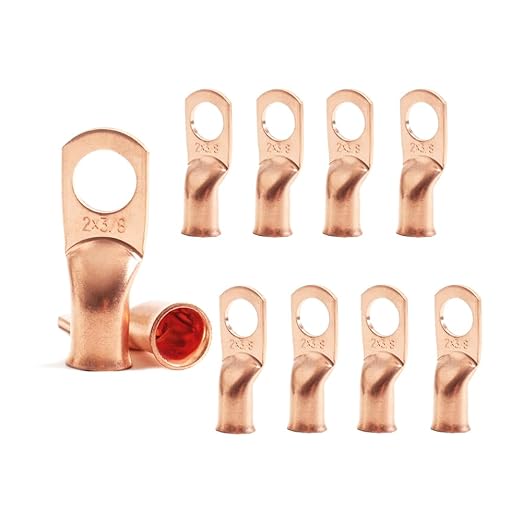 10pcs 2 AWG 3/8" Stud Copper Ring Terminals Battery Cable Ends Wire Lugs 2 Gauge Battery Cable Lugs Heavy Duty Cable Lugs Bare Copper Eyelets Tubular Ring Terminal Connectors