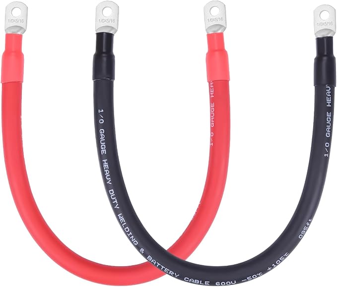 1/0 AWG Flexible Battery Cable with 5/16" Terminals - OFC Pure Copper Inverter & Welding Wire for Automotive Solar RV Motorcycle (Red + Black 1.5FT Pair)