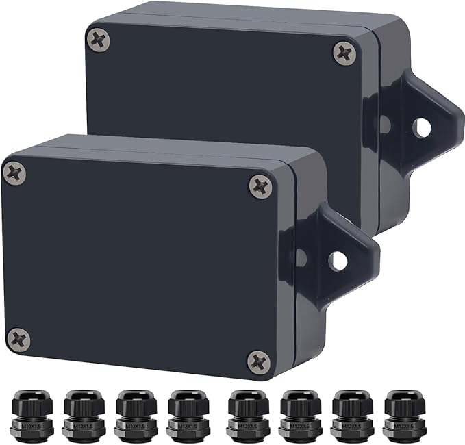 Project Box ABS Black Electrical Boxes IP67 Outdoor Waterproof Box Electronic Junction Box Power Enclosure with Cable Glands for DIY Project with Mounting Ear 3.3 x 2.3 x 1.3inch