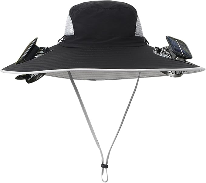 Men Women Wide Brim Sun Hats with 2 Solar Fan Waterproof Breathable Bucket Hat Outdoor Fishing Hat for Hiking Camping