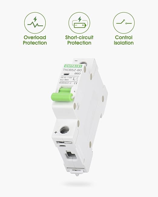12V-110V DC Miniature Circuit Breaker, 60 Amp 1 Pole Battery Breaker Protector for Solar PV System and RV, Thermal Magnetic Trip, DIN-Rail/Surface Mount, Chtaixi DC Disconnect Switch B60