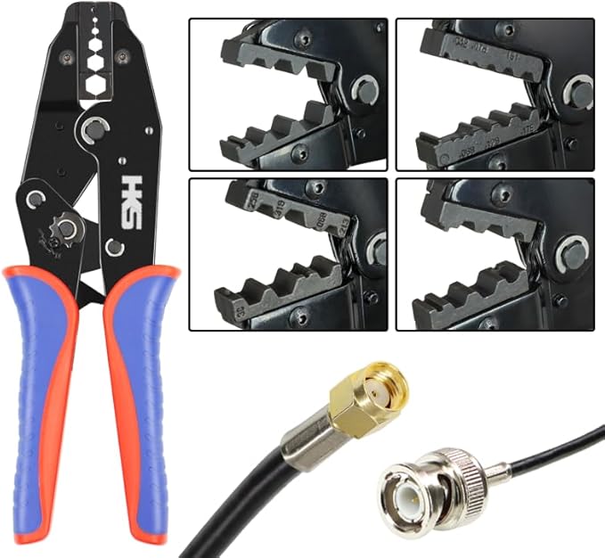 HKS Coax Ratchet Crimping Tool Kit for Coaxial RG Cable RF Connector with 5 Changeable Dies, Rotary Coaxial Cable Stripper/Cutter and Stripper/Cutter Piler