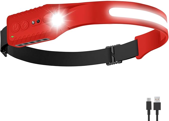 Rechargeable LED Headlamp (Red), 400 Lumens, 230° Wide Beam, USB-C, 5 Modes — Lightweight, Adjustable Headband; Hard Hat Clips for Camping, Hiking, Running & Repairs