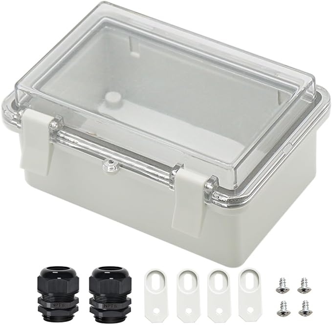 Zulkit Junction Box ABS Plastic Dustproof Waterproof IP65 Electrical Boxes Hinged Shell Outdoor Universal Project Enclosure Clear Cover with 2 Cable Glands 5.9 x 3.9 x 2.8 inch (150x100x70 mm)