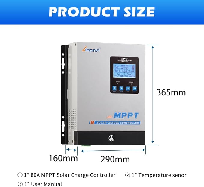 Ampinvt 80 Amp MPPT Solar Charge Controller 48V 36V 24V 12V Auto, 80A Solar Panel Regulator Max Input Power 1100W-4500W, for AGM Sealed Gel Flooded Lithium Battery