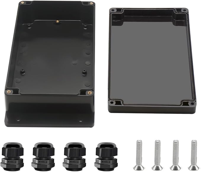 Project Box ABS Black Electrical Boxes IP67 Outdoor Waterproof Junction Box Electronic with Mounting Ears Includes Cable Glands for DIY Project 7.9 x 4.7 x 2.2 inch (200x120x56mm)