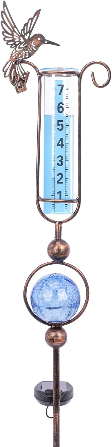 MUMTOP Rain Gauge Outdoor, 36 Inch Hummingbird Crackle Glass Solar Lights for Lawn, Yard and Garden