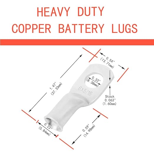 6 AWG 5/16" Stud (25 pcs.), Heavy Duty Tinned Battery Cable Lugs 6 Gauge Wire Connectors 6 AWG Ring Terminals Copper Wire Lugs Bare Copper Eyelets