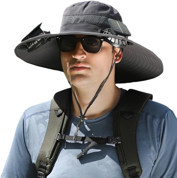 Solar Fan Hat, Wide Brim Solar Powered Fan Hat for Men Women, UPF 50+ Fishing & Beach Sun Hat with Solar Powered Fans