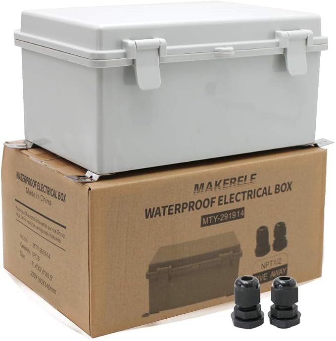 MAKERELE Waterproof Electronic DIY Projects Cable Enclosure Outdoor With Wall Bracket 11.4"7.5"5.5" (290190140mm) IP65 Outside ABS Plastic Electrical Box With 2 NPT 1/2” Glands