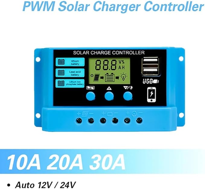 Solar Charge Controller 12V/24V 30A PWM Solar Charge Controller Regulator with LCD Display, Dual USB Ports 5V Output , for Lithium, Sealed, Gel Batteries