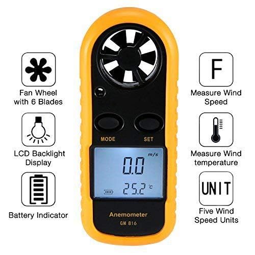 Anemometer Handheld, Lightweight air Velocity Measurement Thermometer, Digital LCD Backlight Anemometer, Suitable for Weather, Windsurfing, Kite, Sailing, Surfing, Fishing