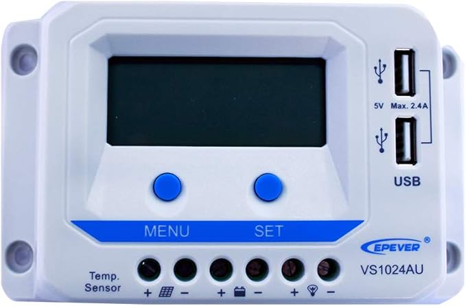 EPEVER 10A Charge Controller PWM 12V/24V Solar Panel with Dual USB Ports Output and LCD Display for Solar System (VS1024AU)