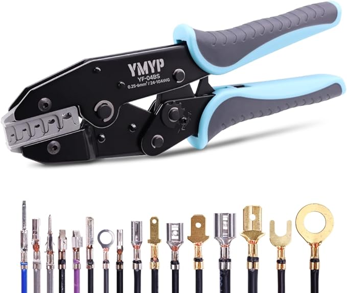Crimping Tool for Open Barrel Terminals JST Molex TE Connectors - 24-10 AWG (0.25-6mm²) with Wire Cutting Jaw - Ratcheting Wire Crimper