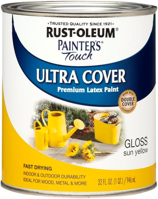 Rust-Oleum 1945502 Painter's Touch Latex Paint, Gloss Sun Yellow, 1 Quarts(Pack of 2)