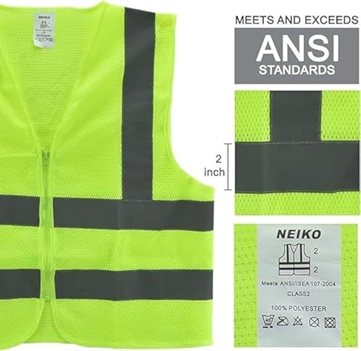 Neiko High Visibility Safety Vest ANSI Class 2, No Pocket, Neon Yellow, Medium (M)