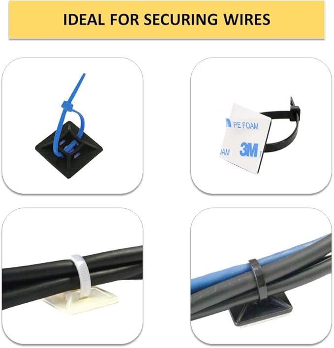 Kable Kontrol Zip Tie Mounts, 1-1/2” Sq, Black, 100 Pcs, Adhesive Backed Multi-Purpose UV-Resistant Mounting Squares Nylon Cable Tie Wrap Anchor Pads for Cable Management