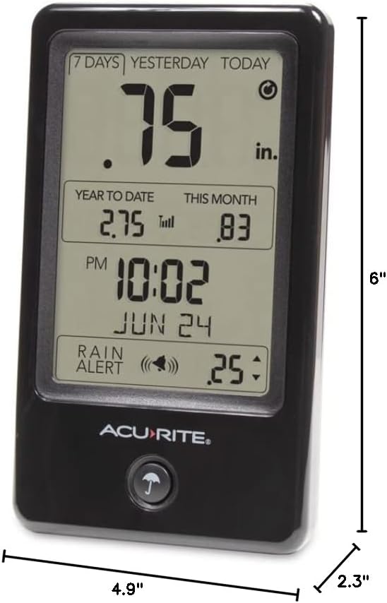 AcuRite Wireless Rain Gauge with Self-Emptying Rain Collector with Rainfall History, Alerts, and Current Date and Time (02446M)