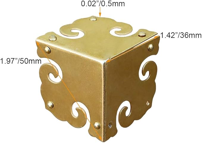 4Pcs Vintage Pure Brass Corner Protectors Antique Hardware Desk Edge Wooden Jewelry Gift Box Cabinet Three Sides Full Encase Corner Guard (Gold)