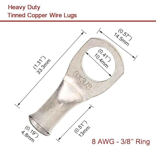 8 AWG 3/8" Stud (25 pcs.), Heavy Duty Tinned Battery Cable Lugs 8 Gauge Copper Ring Terminals Wire Lugs Bare Copper Eyelets Wire Connectors
