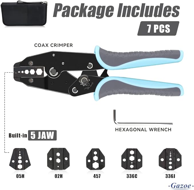 Coax Ratchet Crimping Tool Set for Coaxial RG Cable RF Connector with 5 Changeable Jaws