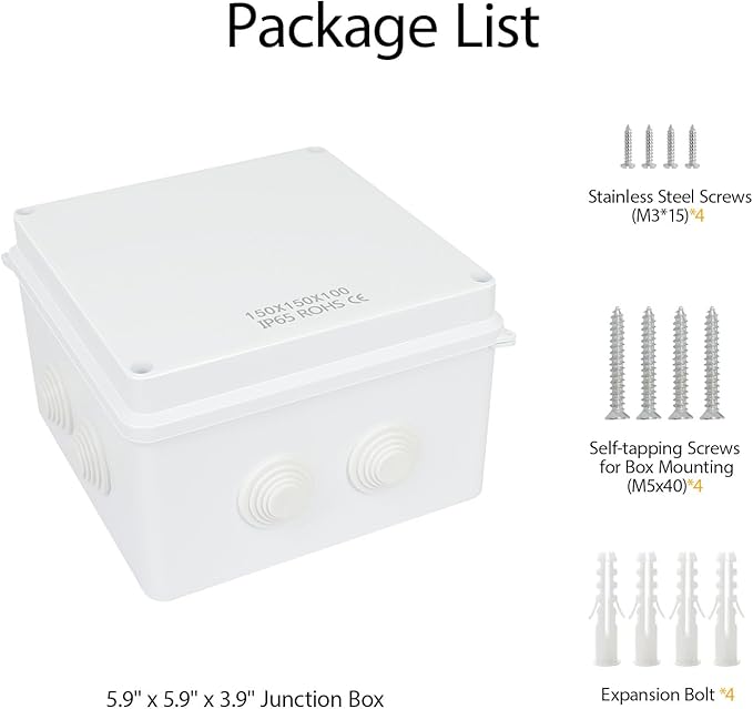 LeMotech Junction Box, ABS Plastic IP65 Waterproof and Dustproof, Universal Electrical Enclosure, Outdoor and Indoor Project Box 5.9X 5.9X 3.9 inch (150 x 150 x 100 mm)